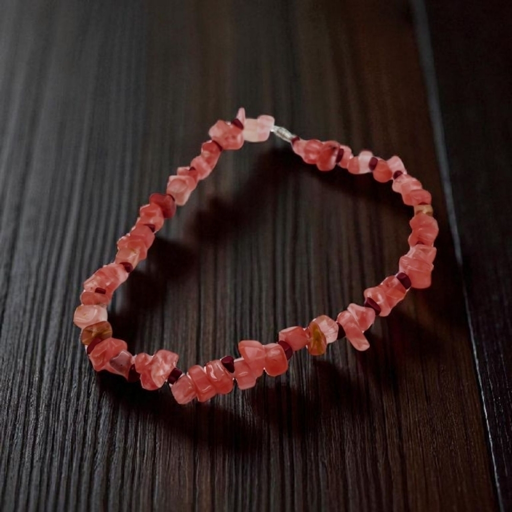 Pink Strawberry Cherry Stone Beaded Necklace 18in
